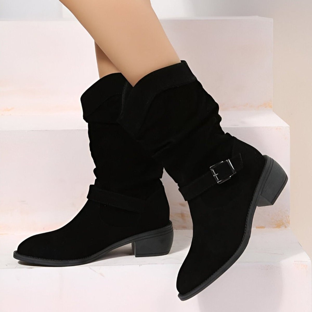 Women's Wide Calf Knee High Boots | Slouchy Faux Suede, Block Heel, Decorative Buckle 3