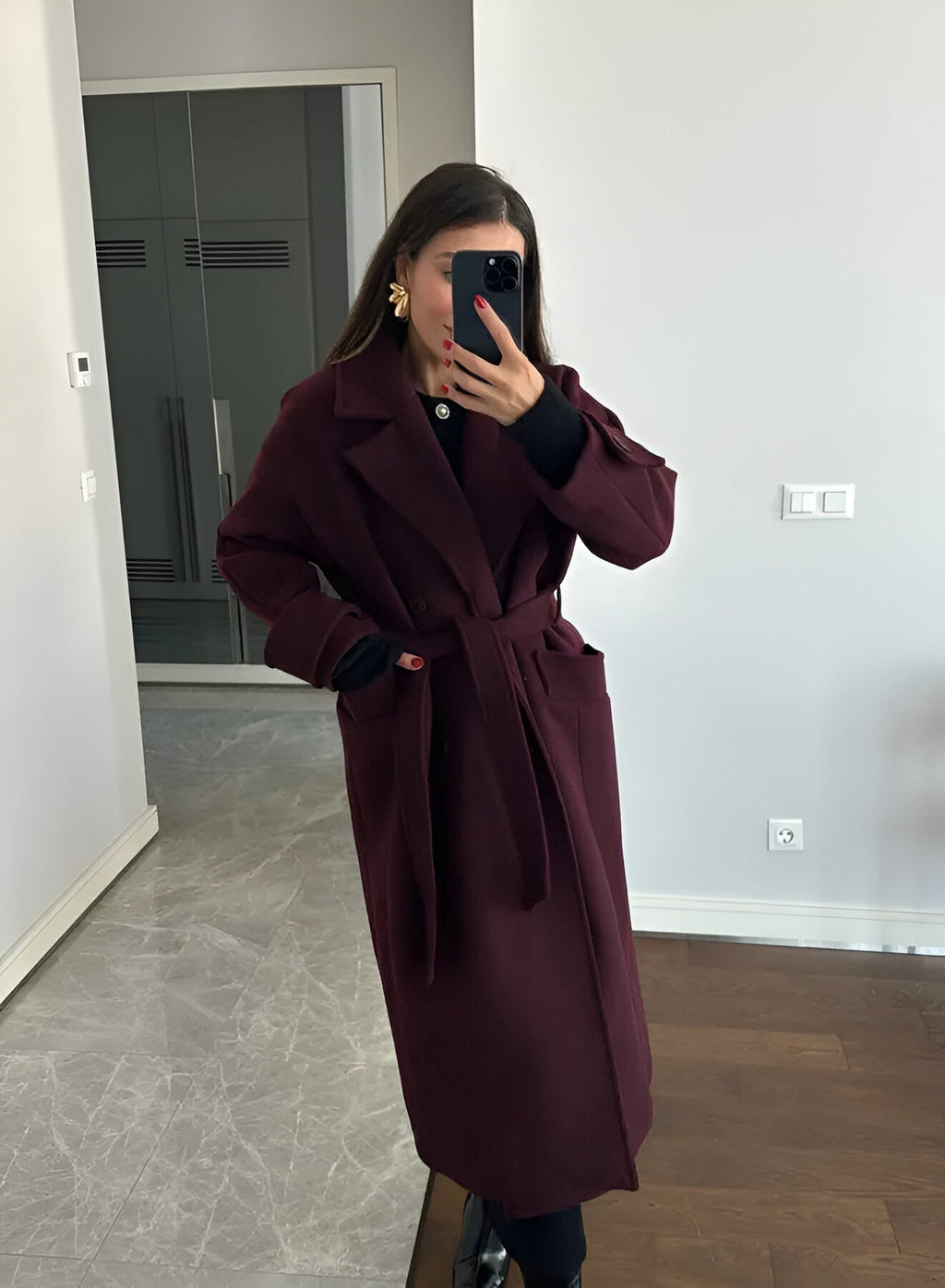 Women's Winter Coat | Oversized Wool Blend, Burgundy 0