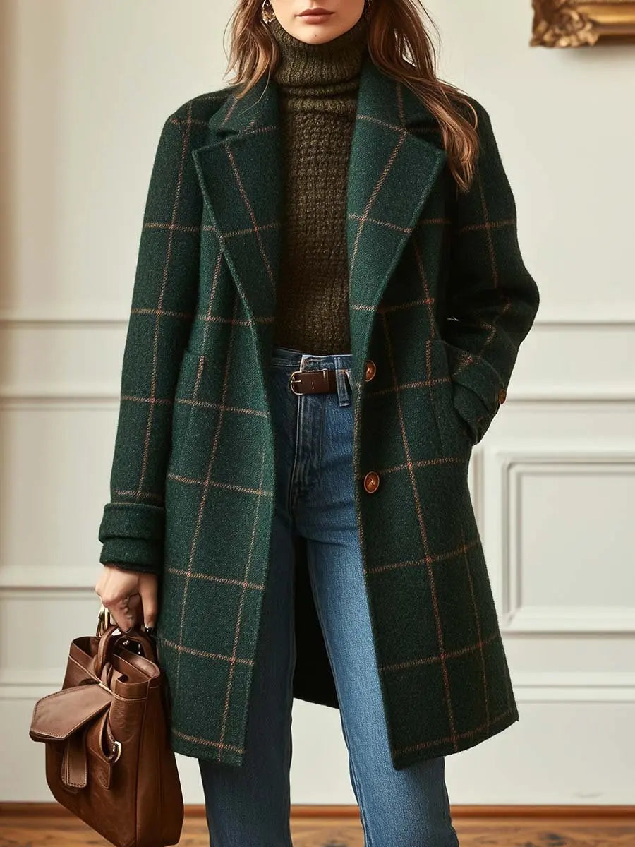 Women's Winter Coat | Wool Blend, Double Breasted, Check Pattern, Mid-Thigh Length 0