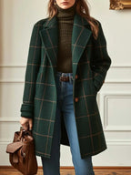 Women's Winter Coat | Wool Blend, Double Breasted, Check Pattern, Mid-Thigh Length 0