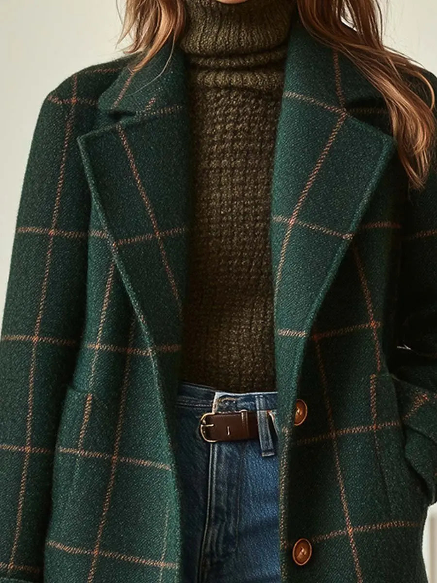 Women's Winter Coat | Wool Blend, Double Breasted, Check Pattern, Mid-Thigh Length 1
