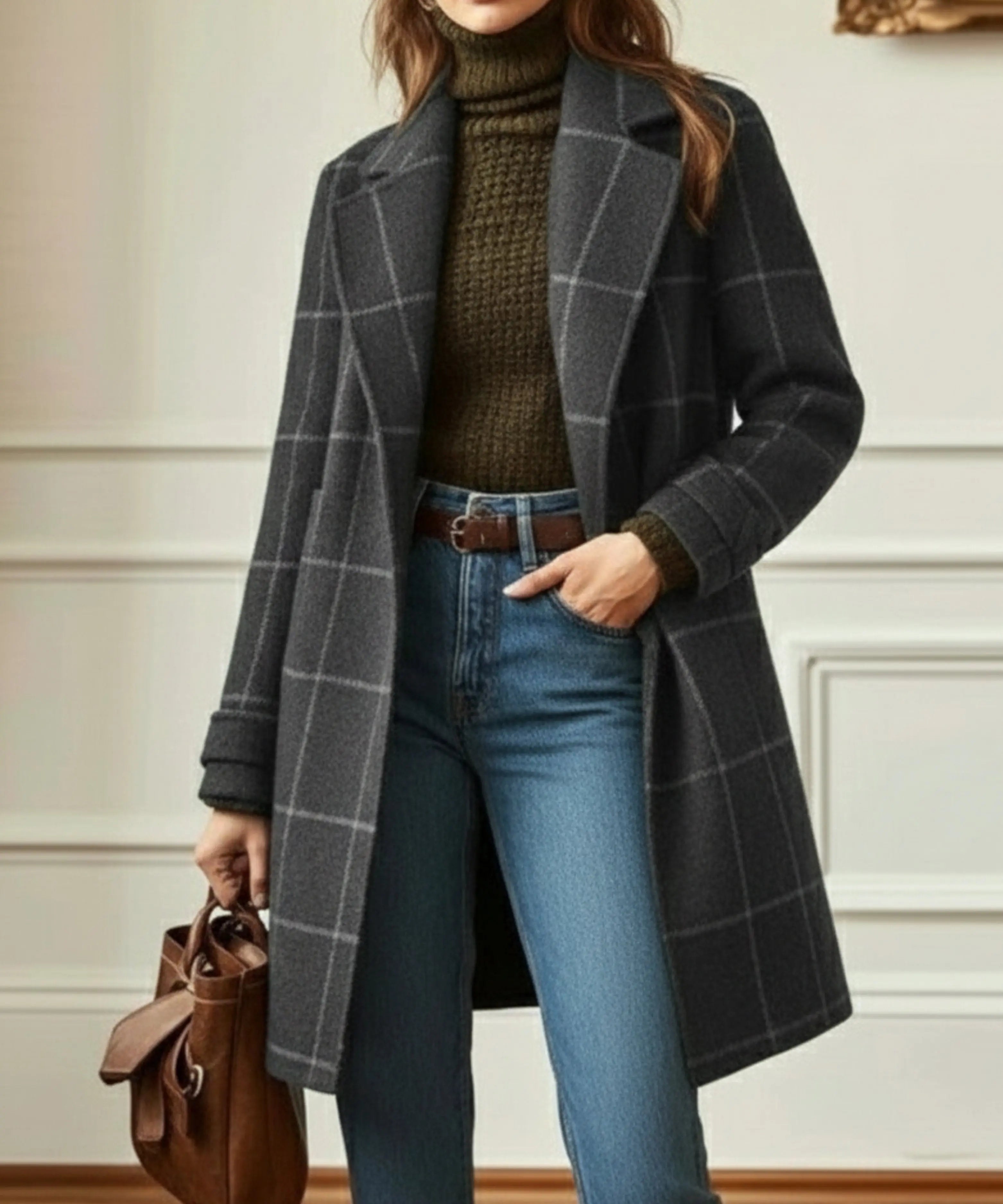 Women's Winter Coat | Wool Blend, Double Breasted, Check Pattern, Mid-Thigh Length 2