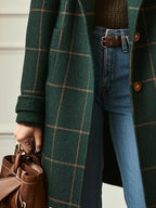 Women's Winter Coat | Wool Blend, Double Breasted, Check Pattern, Mid-Thigh Length 3