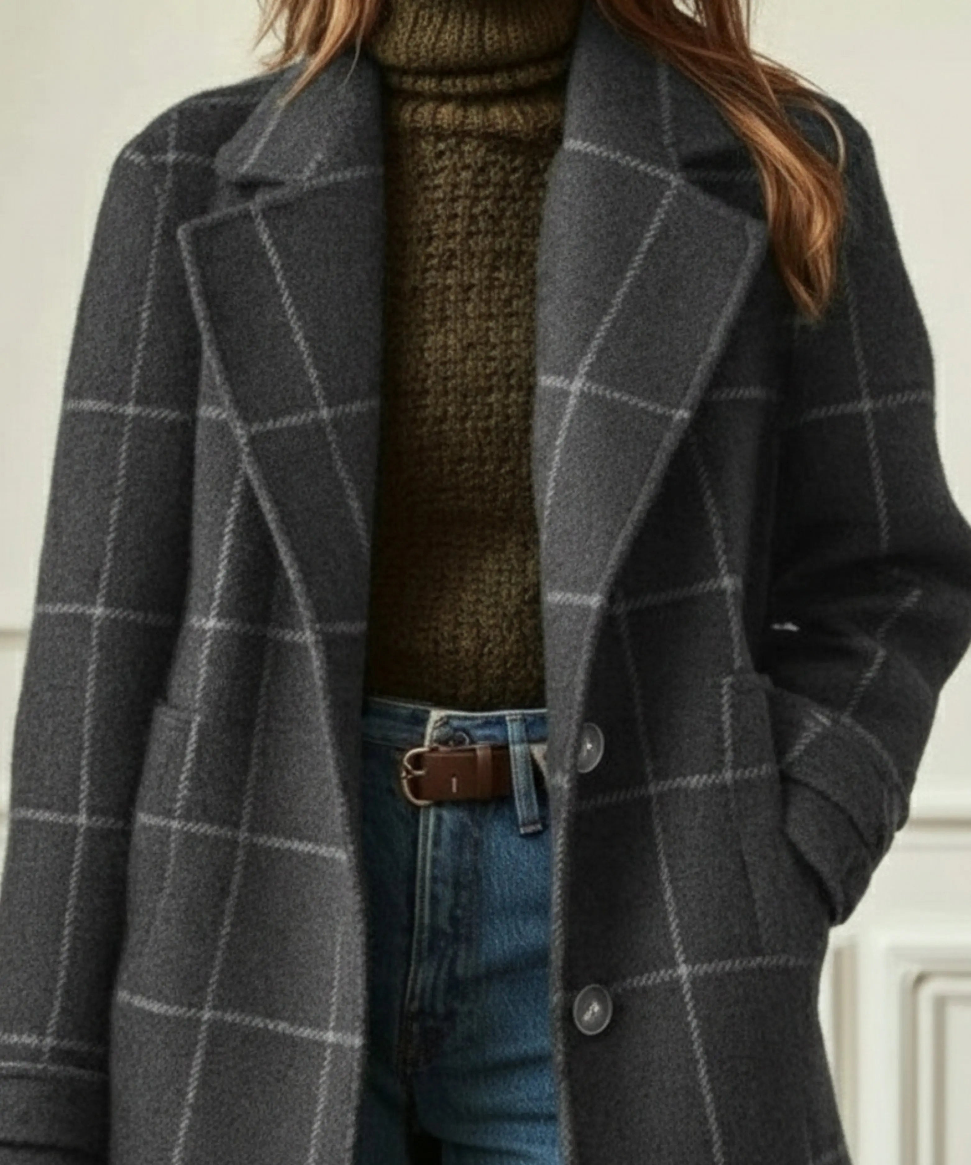 Women's Winter Coat | Wool Blend, Double Breasted, Check Pattern, Mid-Thigh Length 4