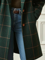Women's Winter Coat | Wool Blend, Double Breasted, Check Pattern, Mid-Thigh Length 5