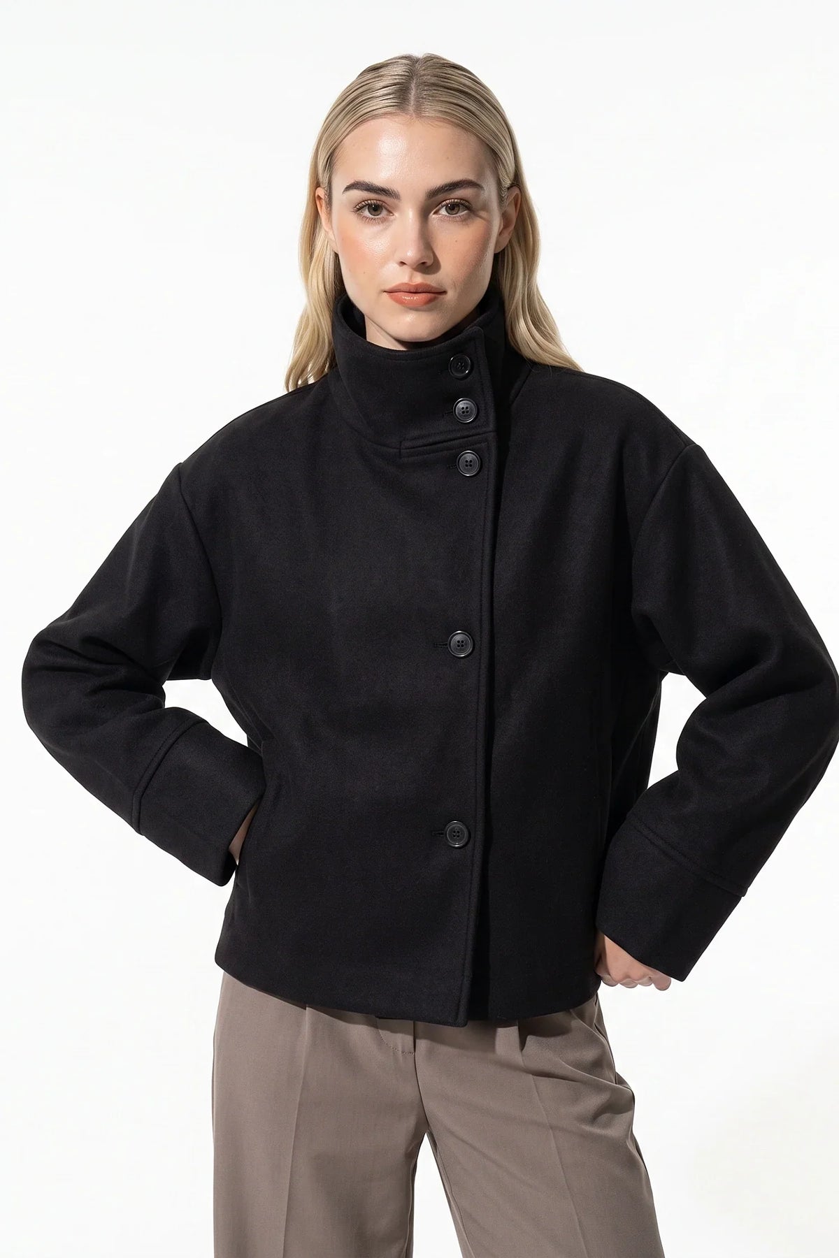 Women's Wool-Look Coat | High Funnel Collar, Boxy Fit, Turn-Back Cuffs 0