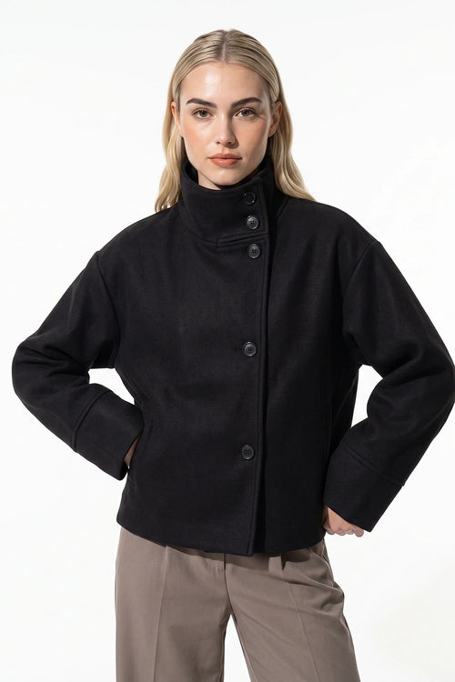 Women's Wool-Look Coat | High Funnel Collar, Boxy Fit, Turn-Back Cuffs 0