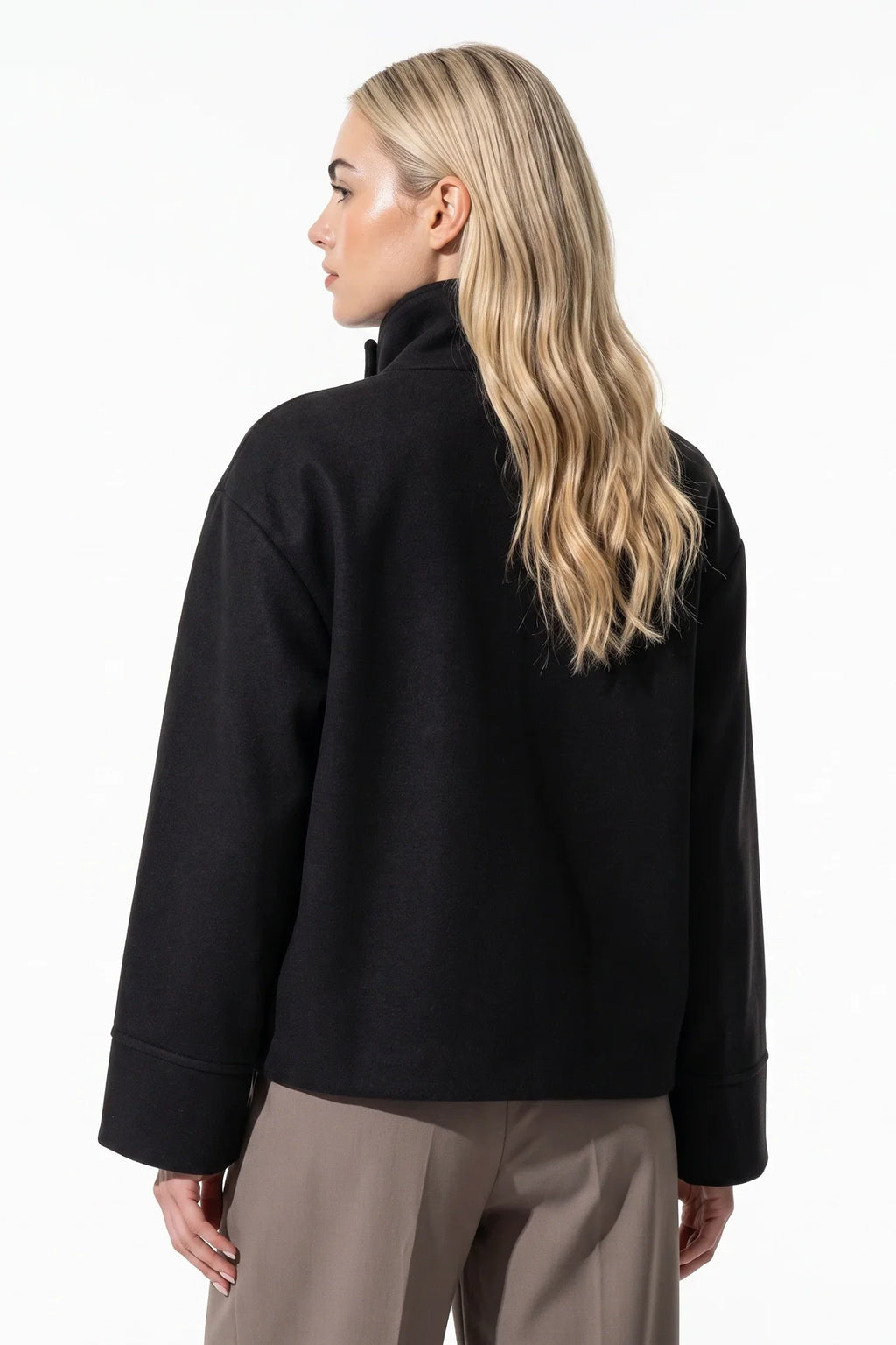 Women's Wool-Look Coat | High Funnel Collar, Boxy Fit, Turn-Back Cuffs 1