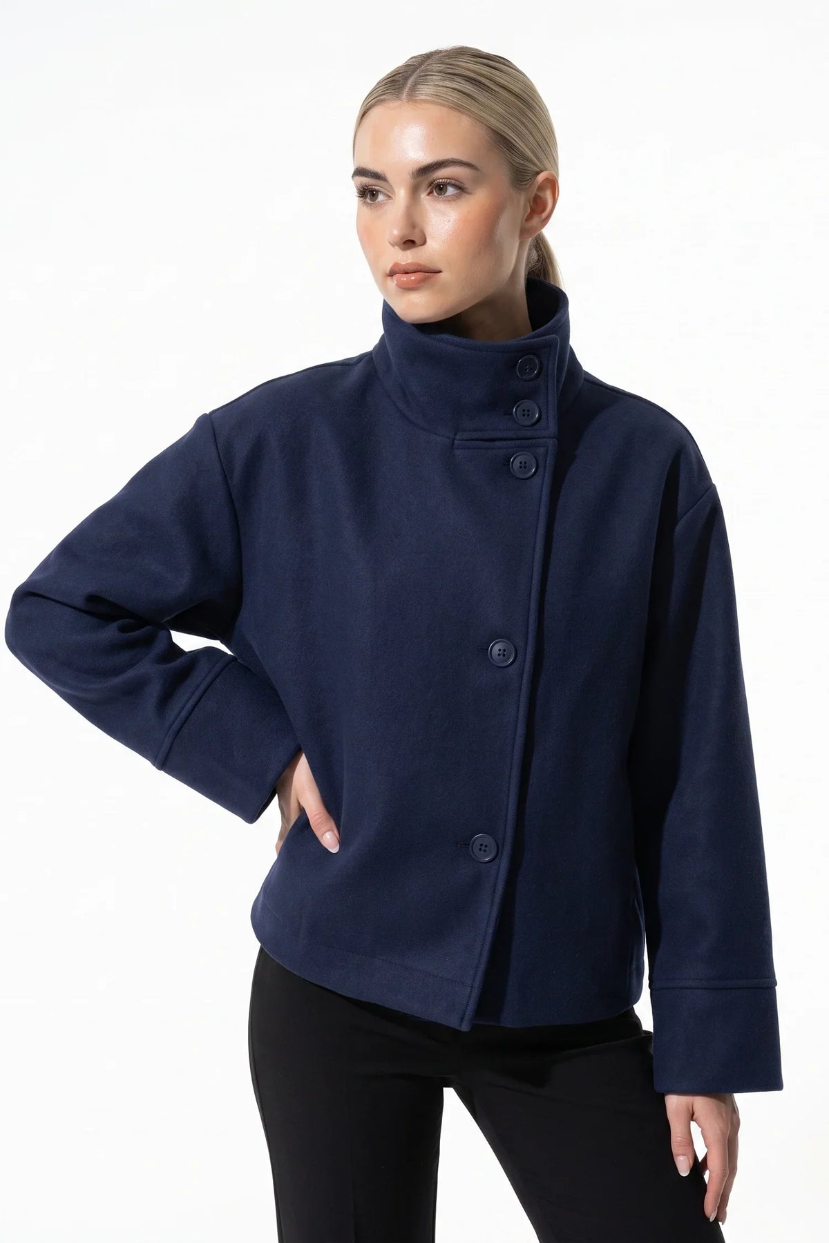 Women's Wool-Look Coat | High Funnel Collar, Boxy Fit, Turn-Back Cuffs 10