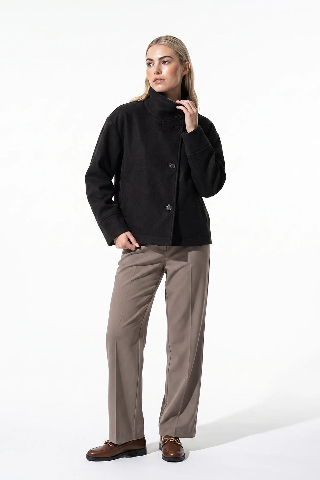 Women's Wool-Look Coat | High Funnel Collar, Boxy Fit, Turn-Back Cuffs 2