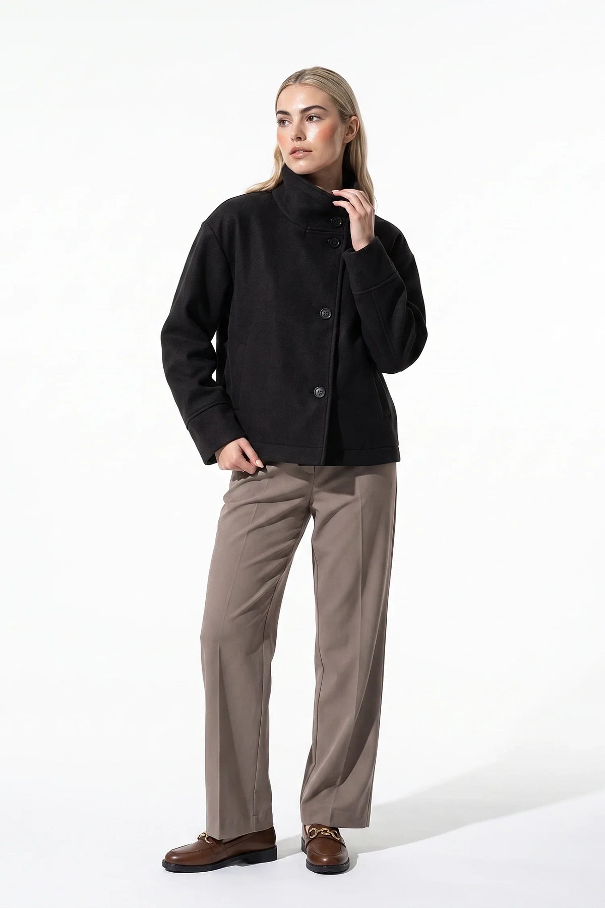 Women's Wool-Look Coat | High Funnel Collar, Boxy Fit, Turn-Back Cuffs 2