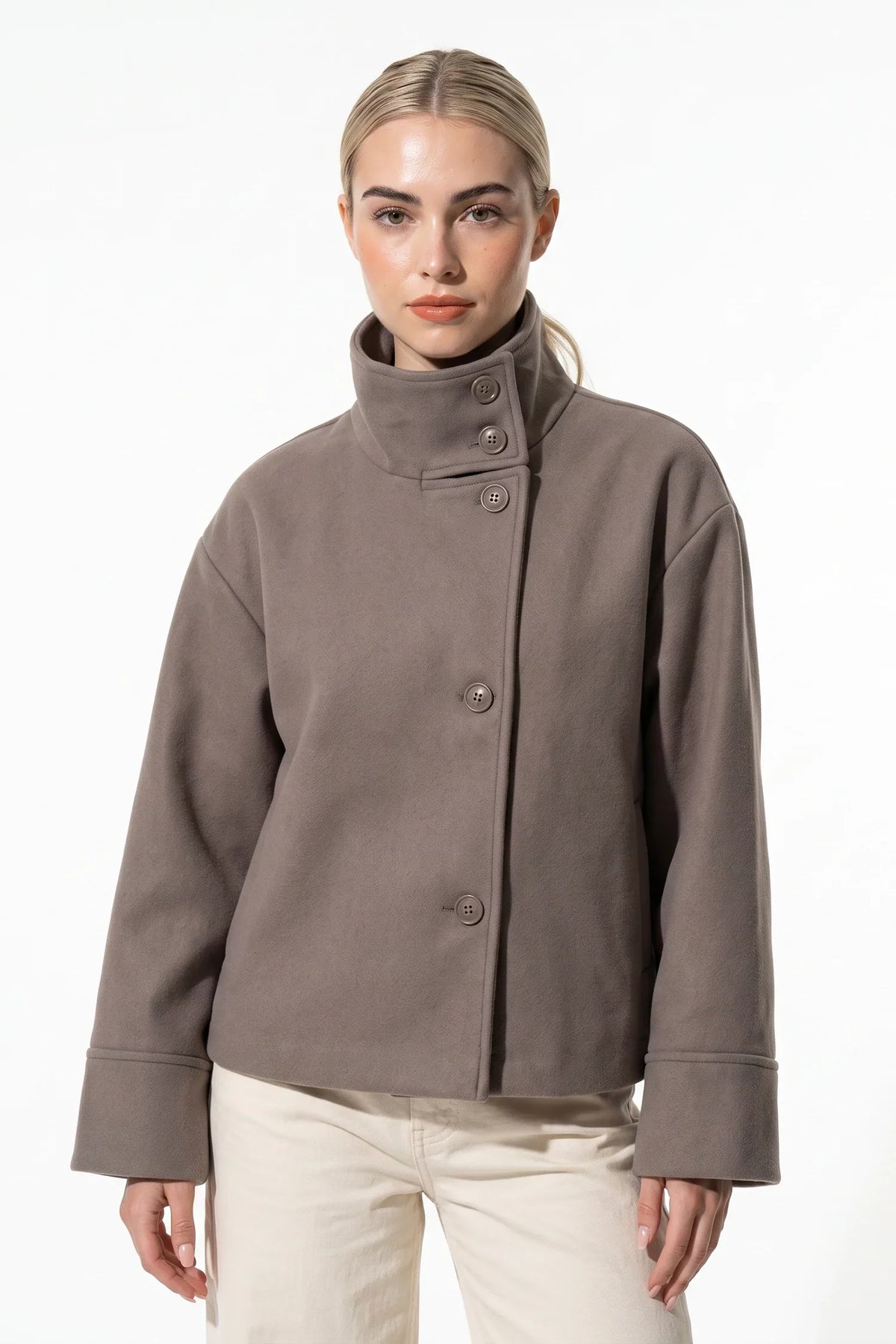 Women's Wool-Look Coat | High Funnel Collar, Boxy Fit, Turn-Back Cuffs 5