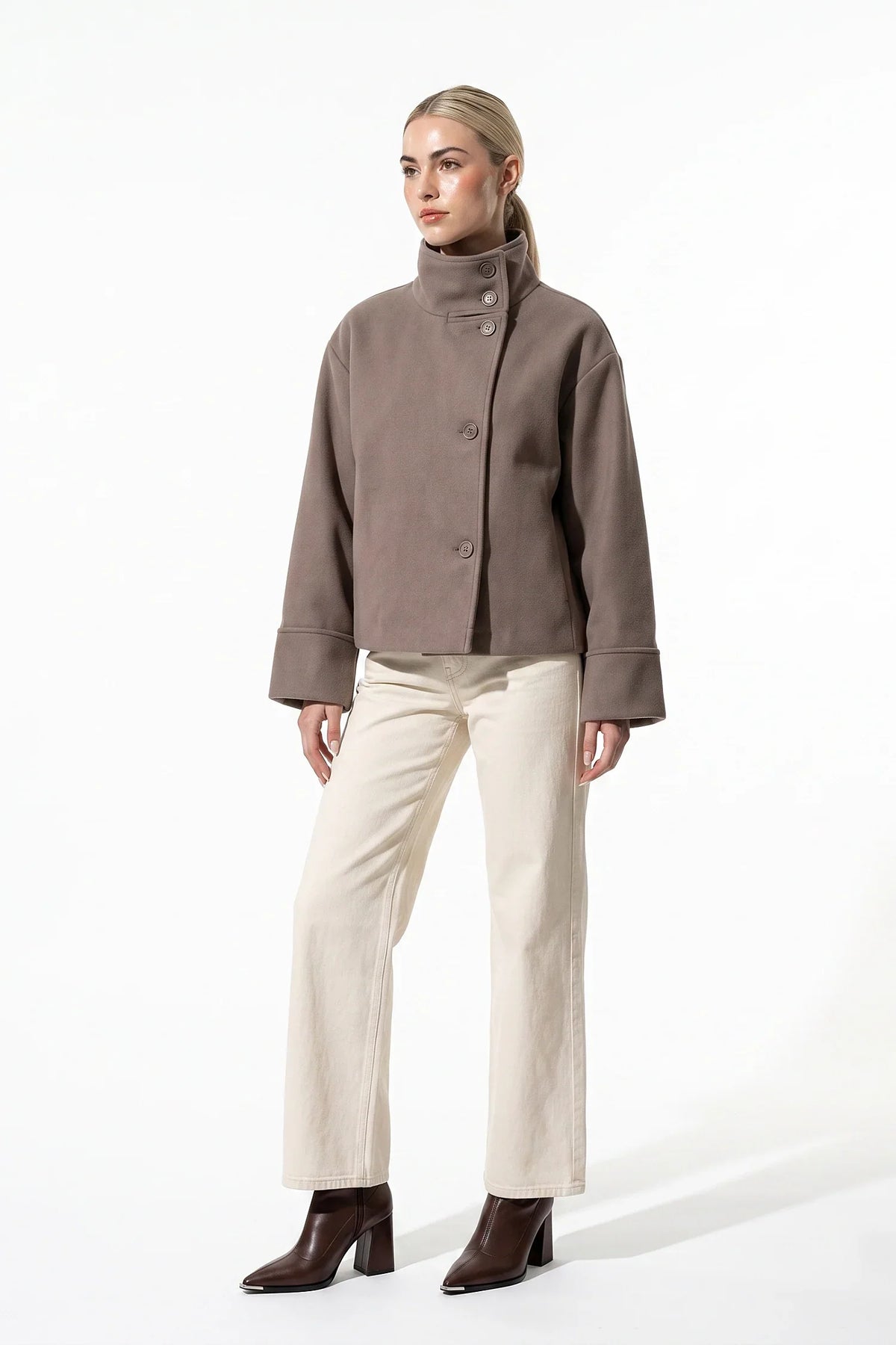 Women's Wool-Look Coat | High Funnel Collar, Boxy Fit, Turn-Back Cuffs 7