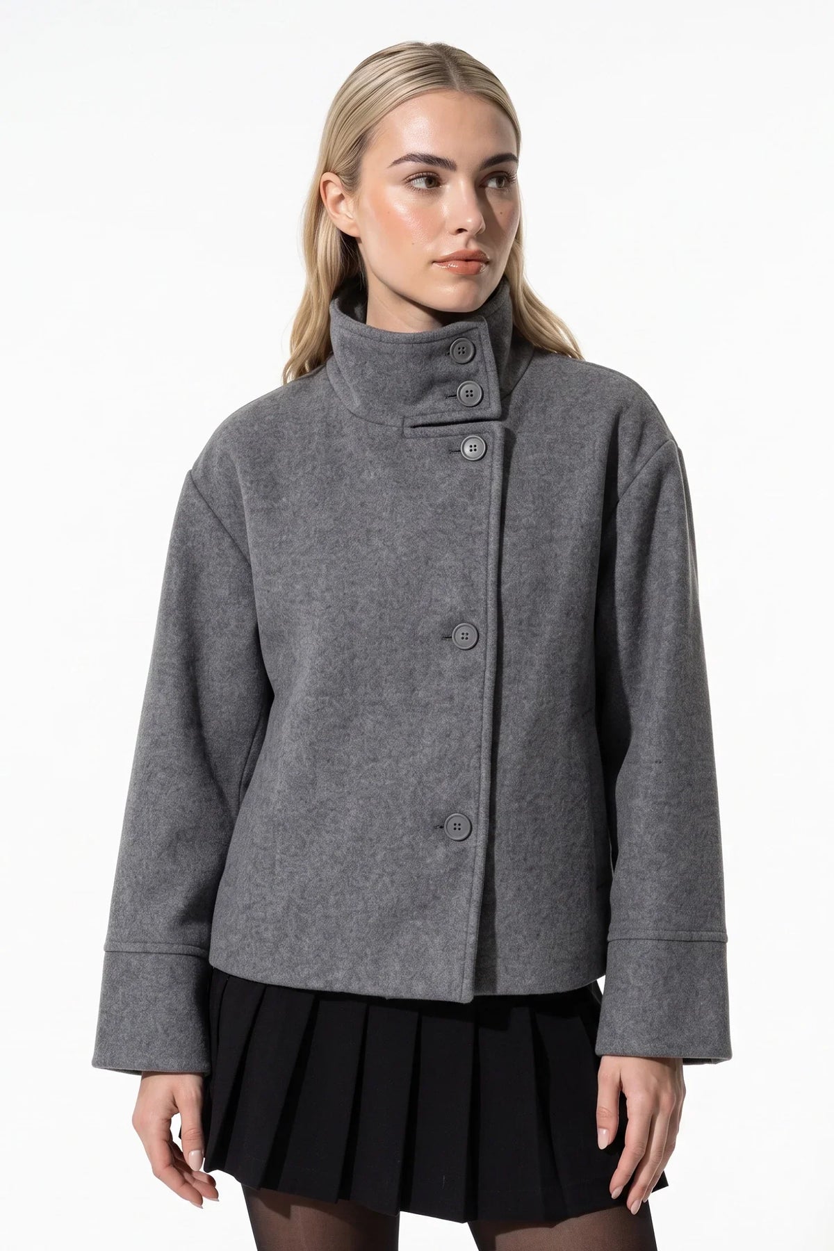 Women's Wool-Look Coat | High Funnel Collar, Boxy Fit, Turn-Back Cuffs 9