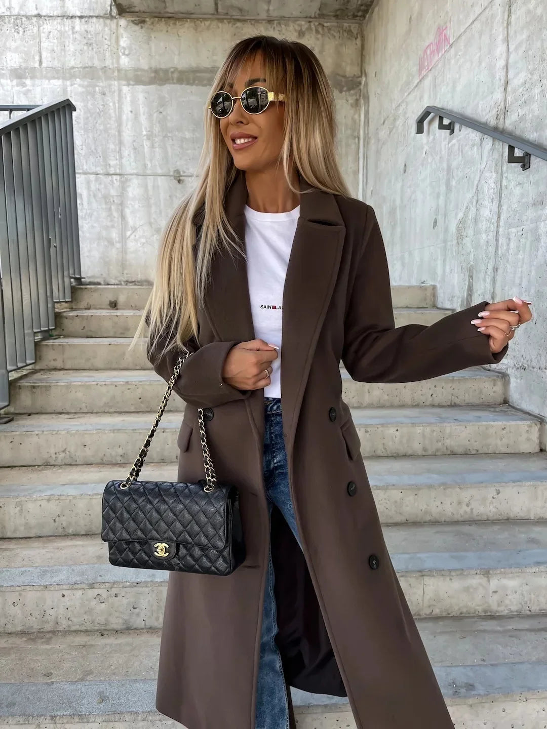 Women's Wool Blend Coat | Split Hem, Lapel Collar, Button Front 8