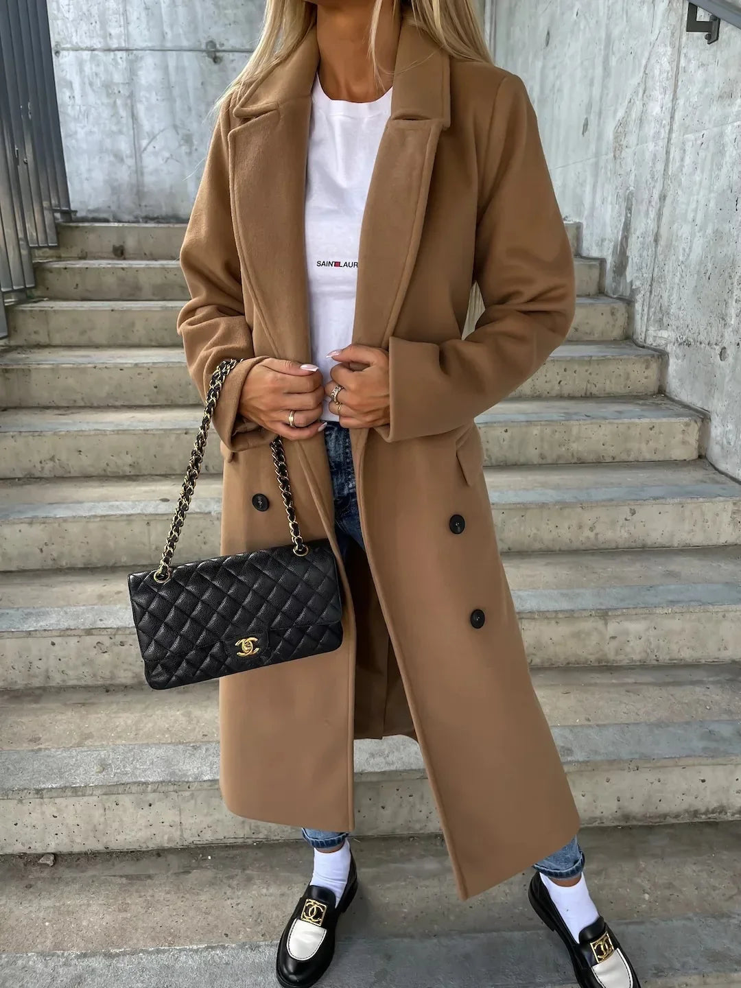 Women's Wool Blend Coat | Split Hem, Lapel Collar, Button Front 9