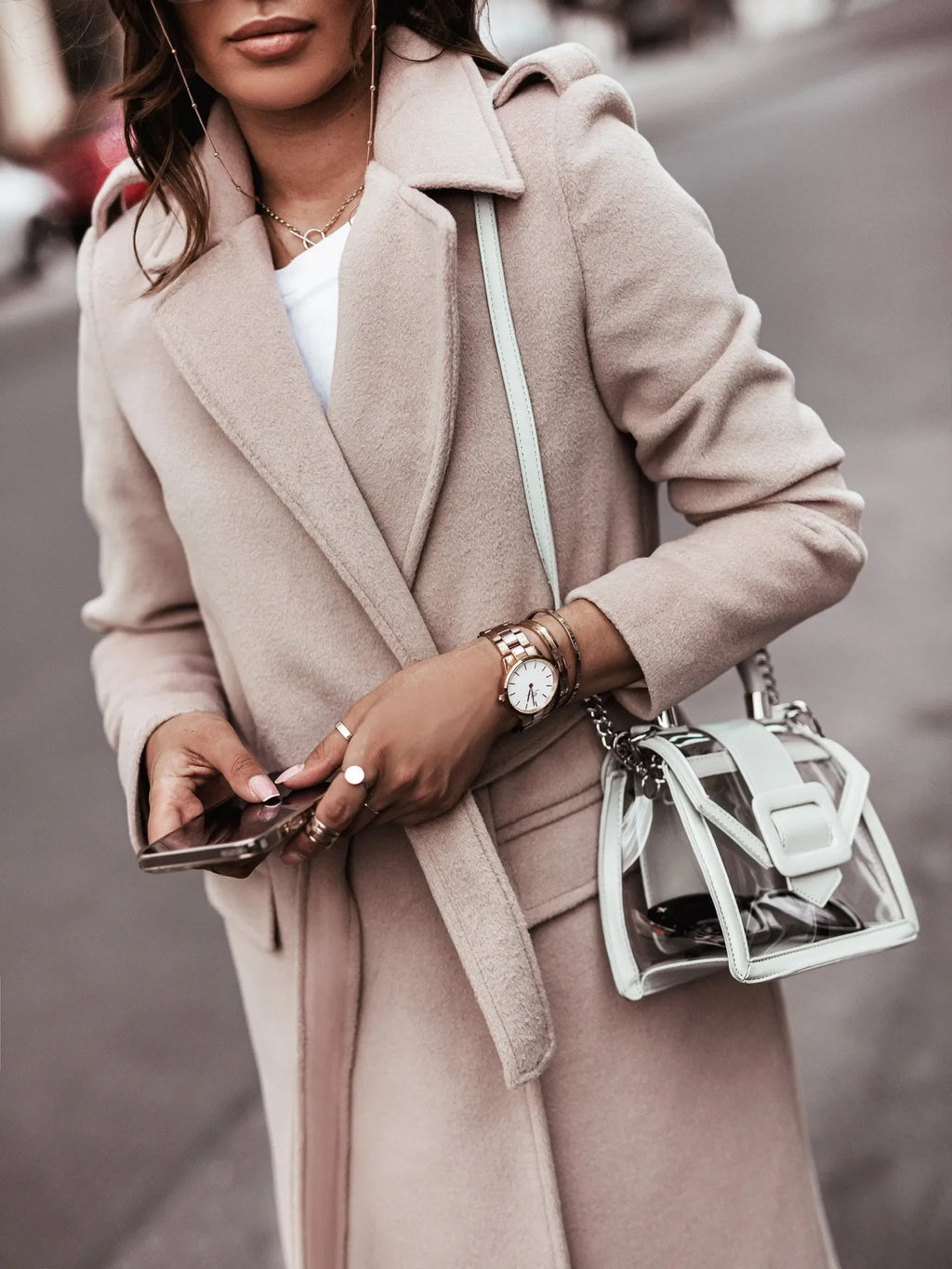 Women's Wool Blend Coat | Tie Belt, Lapel Collar, Long Sleeves 4