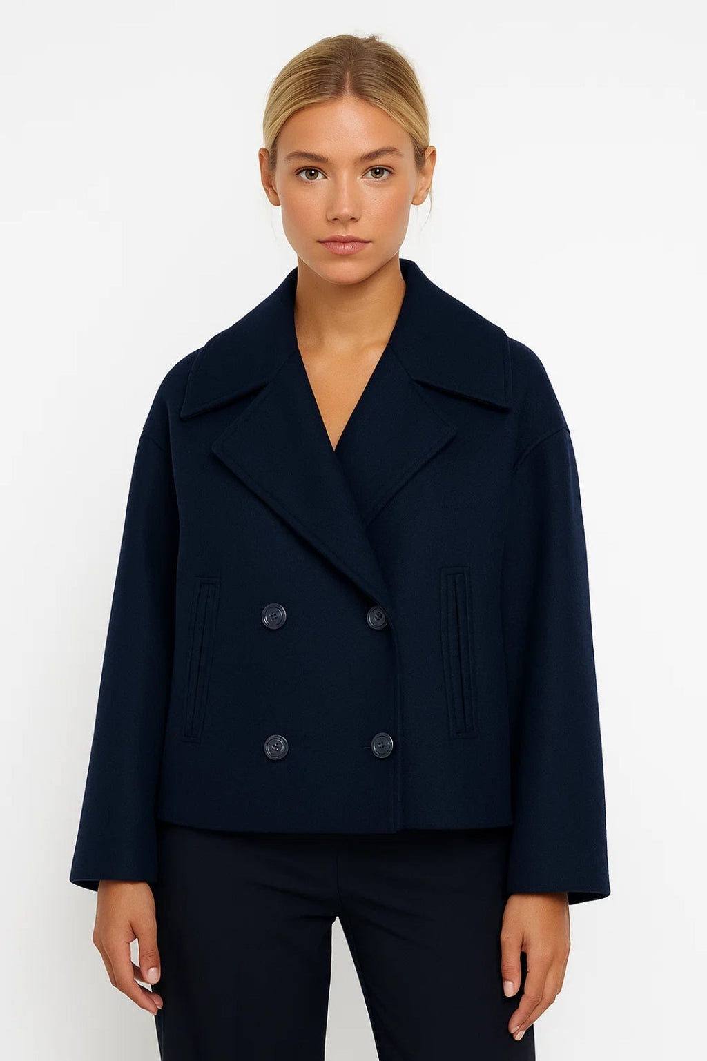 Women's Wool Pea Coat | Cropped, Double Breasted, Wide Lapels 0